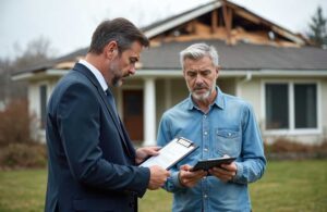 Homeowner reviewing an insurance policy beside a tablet, roof photos, and a home inventory checklist.